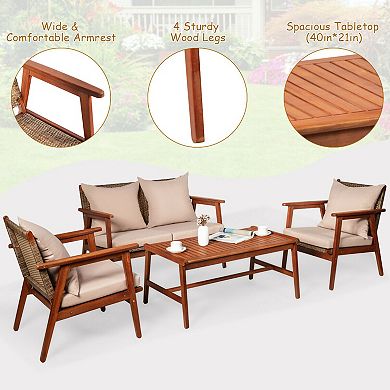 4 Piece Acacia Wood Patio Furniture Set With Cushions