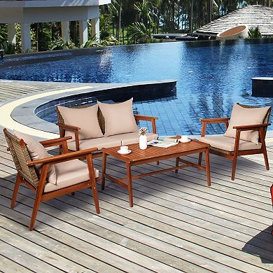 4 Piece Acacia Wood Patio Furniture Set With Cushions
