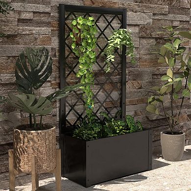 44 Inch Metal Raised Garden Bed with Trellis-Black