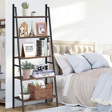 5-tier Leaning Bookshelf With Wood And Metal Frame