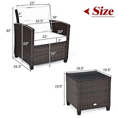 3 Piece Patio Furniture Set With Cushioned Rattan Chairs And Coffee Table