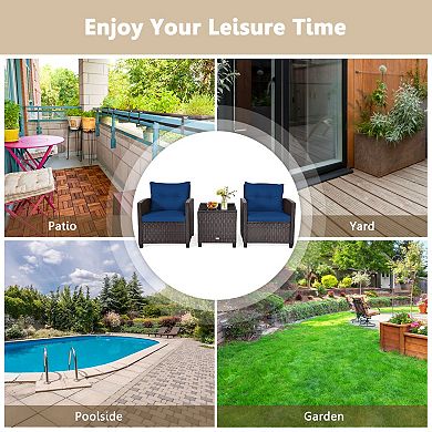 3 Piece Patio Furniture Set With Cushioned Rattan Chairs And Coffee Table
