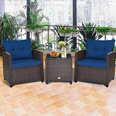3 Piece Patio Furniture Set With Cushioned Rattan Chairs And Coffee Table