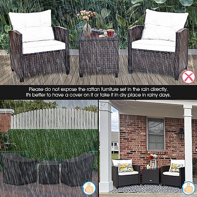 3 Piece Patio Furniture Set With Cushioned Rattan Chairs And Coffee Table