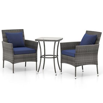 3 pc Patio Furniture Set with Cushioned Patio Chairs and Tempered Glass Coffee Table-Navy