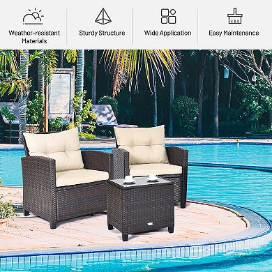 3 Pieces Rattan Patio Furniture Set With Washable Cushion