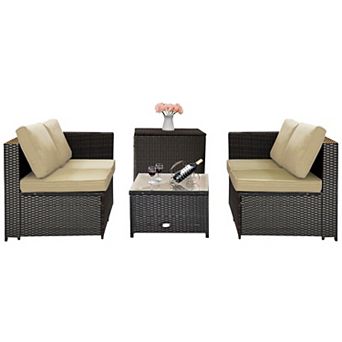 4 pc Outdoor Patio Rattan Furniture Set With Loveseat And Storage Box