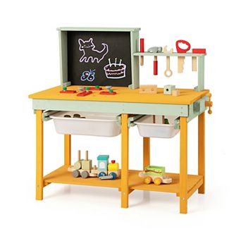 Kids Wooden Toy Workbench With Storage Space And Blackboard