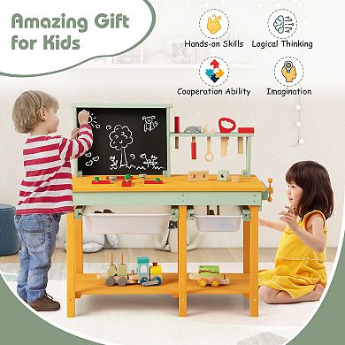 Kids Wooden Toy Workbench With Storage Space And Blackboard