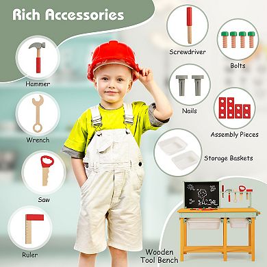 Kids Wooden Toy Workbench With Storage Space And Blackboard