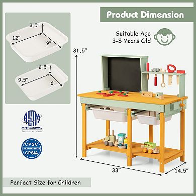 Kids Wooden Toy Workbench With Storage Space And Blackboard