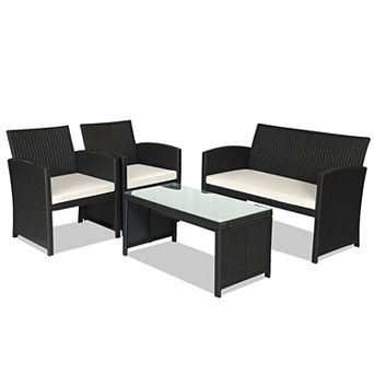 4 pc Rattan Patio Furniture Set With Weather Resistant Cushions And Tempered Glass Tabletop