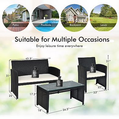 4 Pieces Rattan Patio Furniture Set With Weather Resistant Cushions And Tempered Glass Tabletop