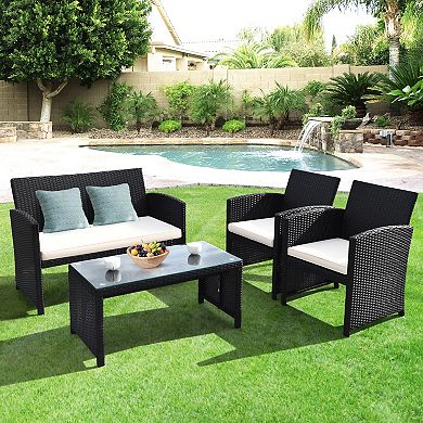 4 Pieces Rattan Patio Furniture Set With Weather Resistant Cushions And Tempered Glass Tabletop