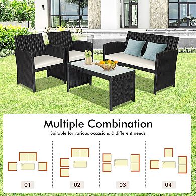 4 Pieces Rattan Patio Furniture Set With Weather Resistant Cushions And Tempered Glass Tabletop