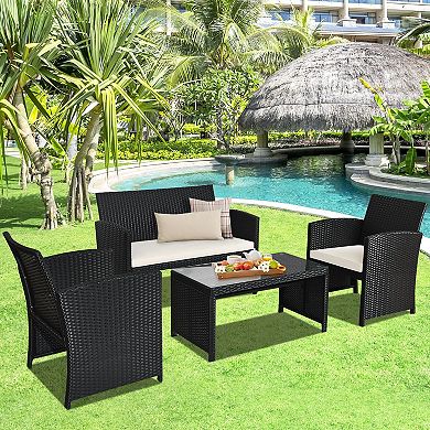 4 Pieces Rattan Patio Furniture Set With Weather Resistant Cushions And Tempered Glass Tabletop