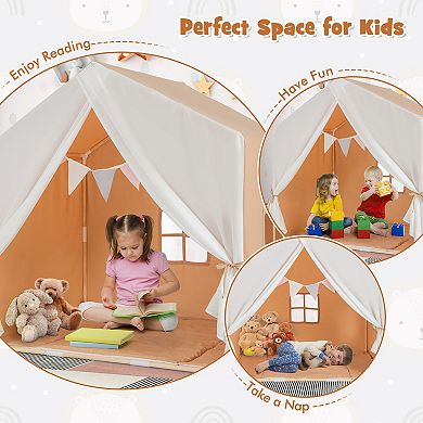 Kid's Play Tent with Washable Cotton Mat and Flag Banner