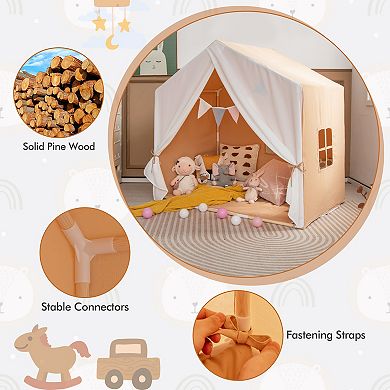 Kid's Play Tent with Washable Cotton Mat and Flag Banner