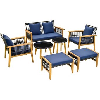 7 pc Outdoor Conversation Set With Stable Acacia Wood Frame Cozy Seat & Back Cushions-navy