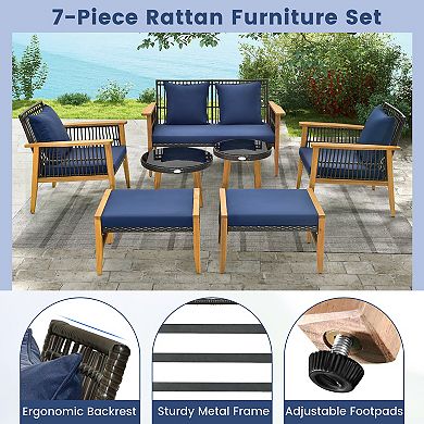 7 Piece Patio Conversation Set With Coffee Table And Acacia Wood Frame