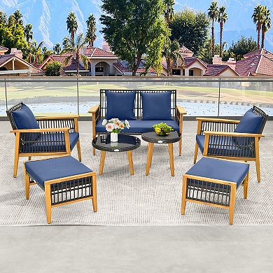 7 Piece Patio Conversation Set With Coffee Table And Acacia Wood Frame
