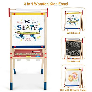 All-in-One Wooden Height Adjustable Kid's Art Easel with Magnetic Stickers and Paper