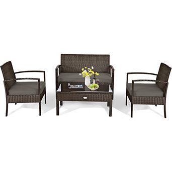 4 pc Patio Rattan Cushioned Furniture Set With Loveseat And Table