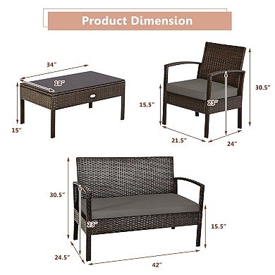 4 Pieces Patio Rattan Cushioned Furniture Set With Loveseat And Table