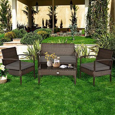 4 Pieces Patio Rattan Cushioned Furniture Set With Loveseat And Table
