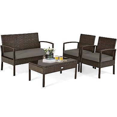 4 Pieces Patio Rattan Cushioned Furniture Set With Loveseat And Table
