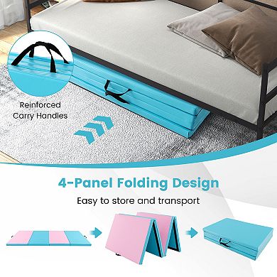 4-Panel PU Leather Folding Exercise Mat with Carrying Handles-Pink & Blue