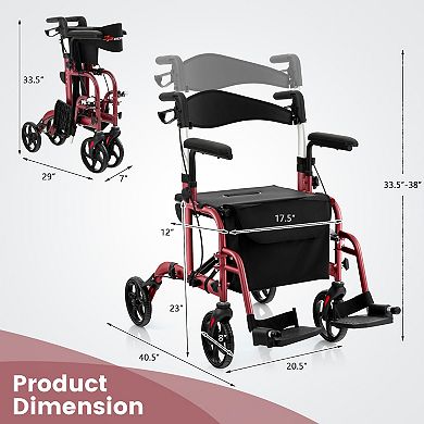 Folding Rollator Walker With Seat And Wheels Supports Up To 300 Lbs-red