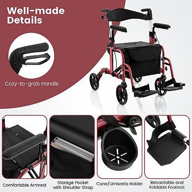 Folding Rollator Walker With Seat And Wheels Supports Up To 300 Lbs-red