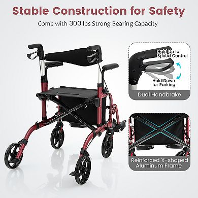 Folding Rollator Walker With Seat And Wheels Supports Up To 300 Lbs-red