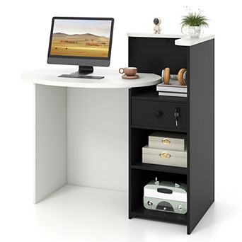 48 Inch Reception Desk with Oval Counter Lockable Drawer and Open Storage Shelves
