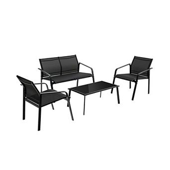 4 pc Patio Furniture Set With Armrest Loveseat Sofas And Glass Table Deck