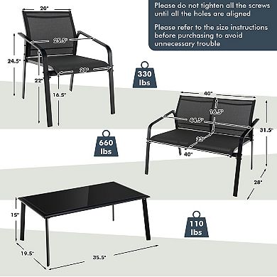 4 Pieces Patio Furniture Set With Armrest Loveseat Sofas And Glass Table Deck