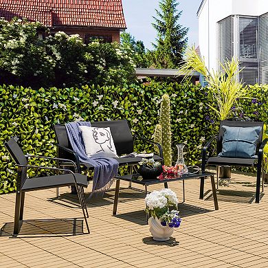 4 Pieces Patio Furniture Set With Armrest Loveseat Sofas And Glass Table Deck