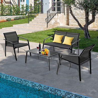 4 Pieces Patio Furniture Set With Armrest Loveseat Sofas And Glass Table Deck