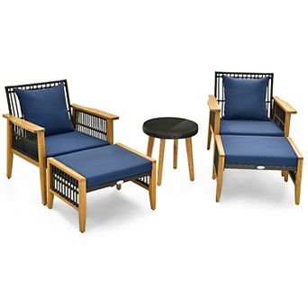 5 pc Patio Furniture Set with Coffee Table and 2 Ottomans-Navy