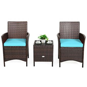 3 pc Patio Cushioned Rattan Converstaion Set With Glass Table Top