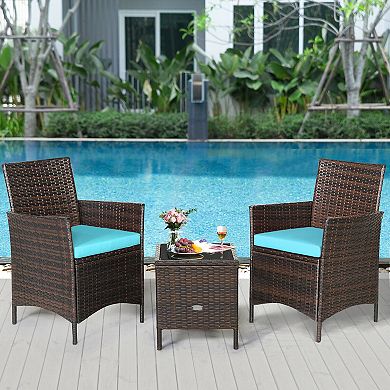 3 Pieces Patio Cushioned Rattan Converstaion Set With Glass Table Top