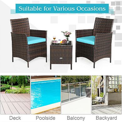 3 Pieces Patio Cushioned Rattan Converstaion Set With Glass Table Top