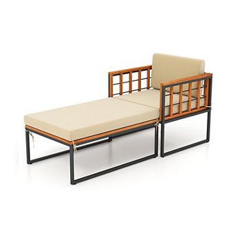 Patio Acacia Wood Armchair with Long Ottoman and Seat Back Cushions