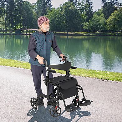 Folding Rollator Walker With Seat And Wheels Supports Up To 300 Lbs-black
