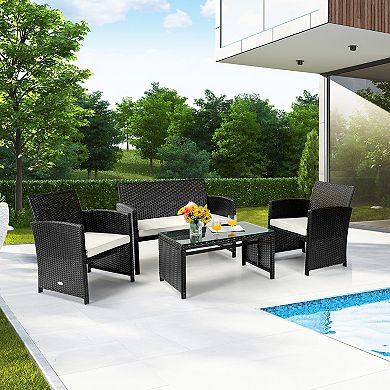 4 Pieces Patio Rattan Cushioned Furniture Set