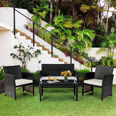 4 Pieces Patio Rattan Cushioned Furniture Set