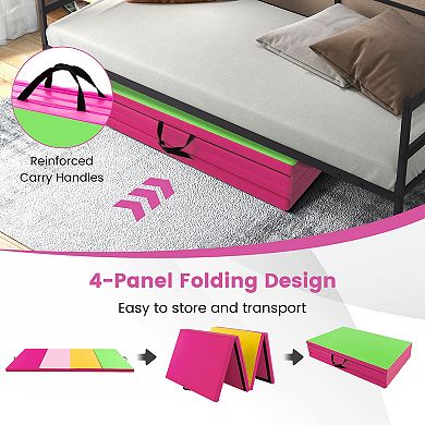 4-Panel PU Leather Folding Exercise Mat with Carrying Handles-Green