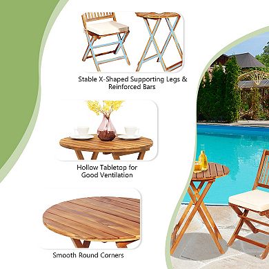 3 Pieces Patio Folding Bistro Set With Padded Cushion And Round Coffee Table