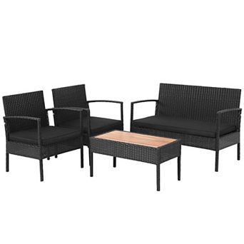 4 pc Patio Rattan Cushioned Furniture Set With Wooden Tabletop